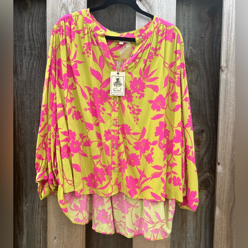Easel Pink Floral Blouse on Green